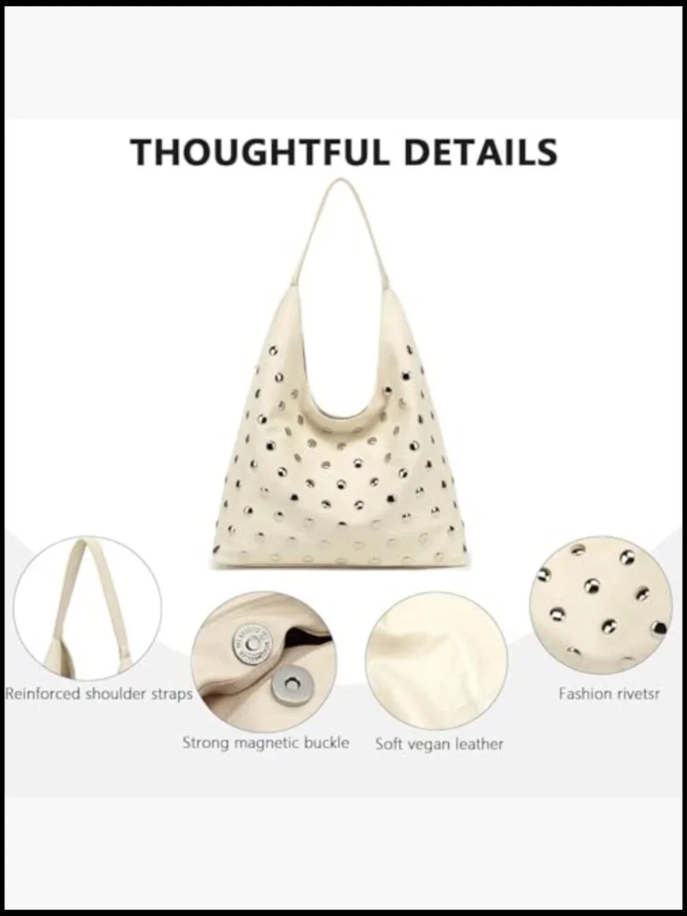 Studded Hobo Bag Vegan Leather Tote Purse Soft Slouchy Shoulder Bag